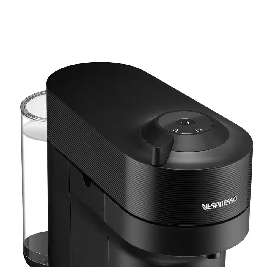Delonghi Nespresso Vertuo Pop coffee machine in black, angled top view with water tank visible