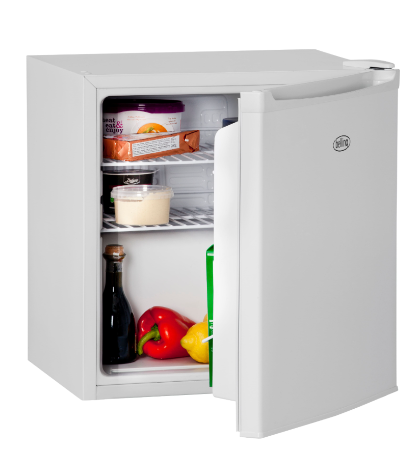 Belling tabletop larder fridge BL43WH with open door showing shelves stocked with food and drink items
