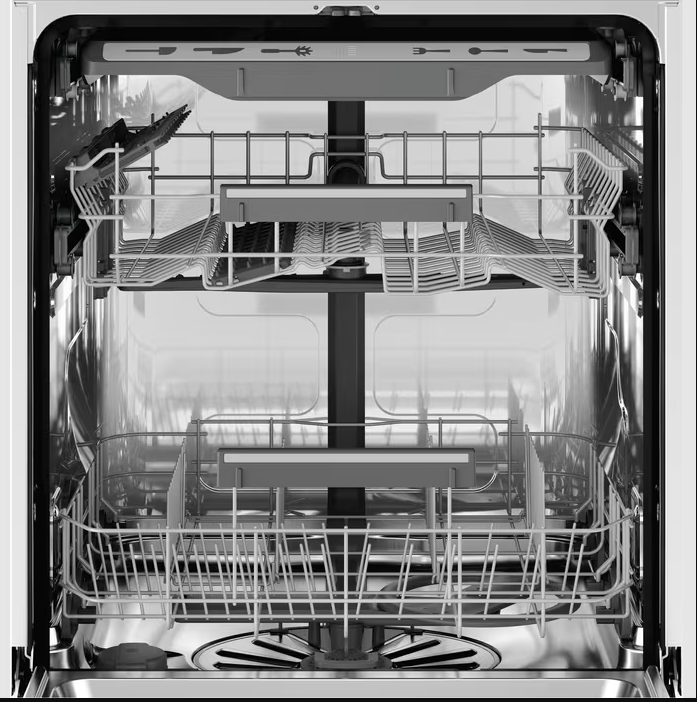 Open Electrolux Integrated 3 Drawer Dishwasher showing empty upper and lower racks and stainless steel interior.