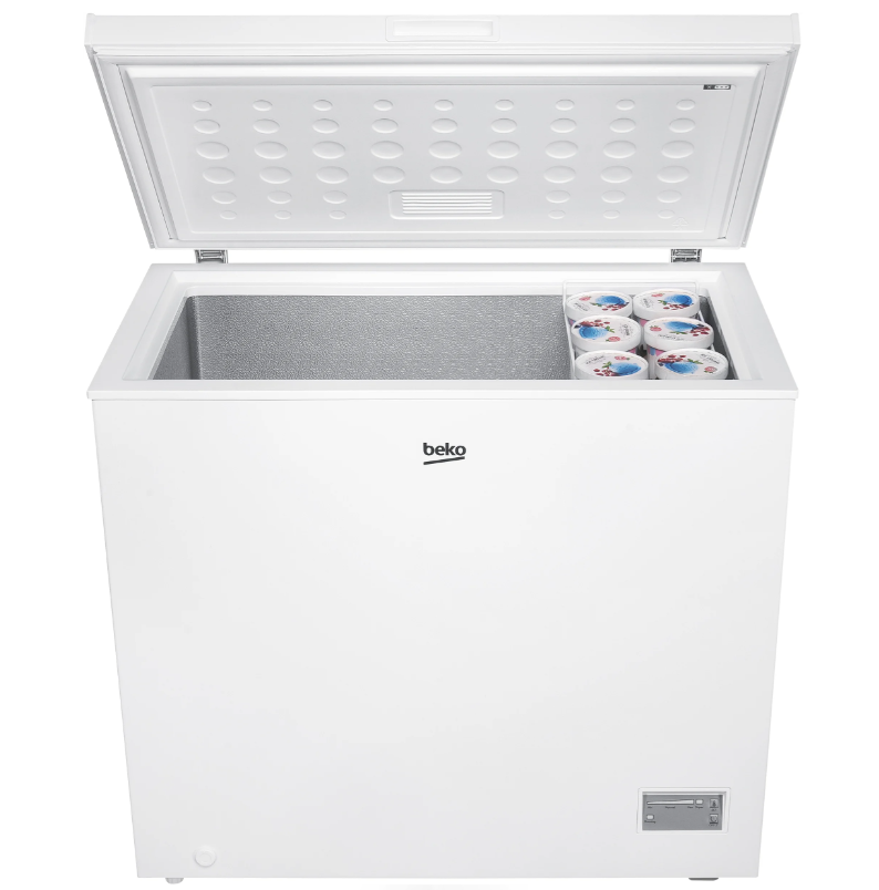 Beko white chest freezer with lid open, showing empty interior and six ice cream tubs in one corner