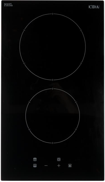 CDA Domino Two Zone Ceramic Hob with two circular cooking zones and touch controls on black glass surface.