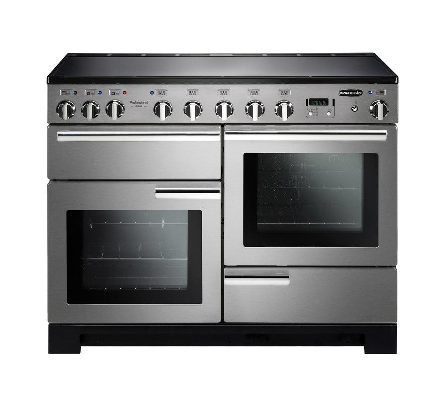 Rangemaster Professional Deluxe 110 induction range cooker in stainless steel with dual ovens and control knobs above.