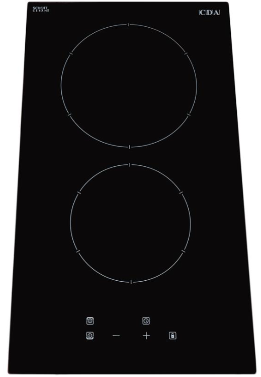 CDA Domino Two Zone Ceramic Hob with two circular cooking zones and touch controls on black glass surface
