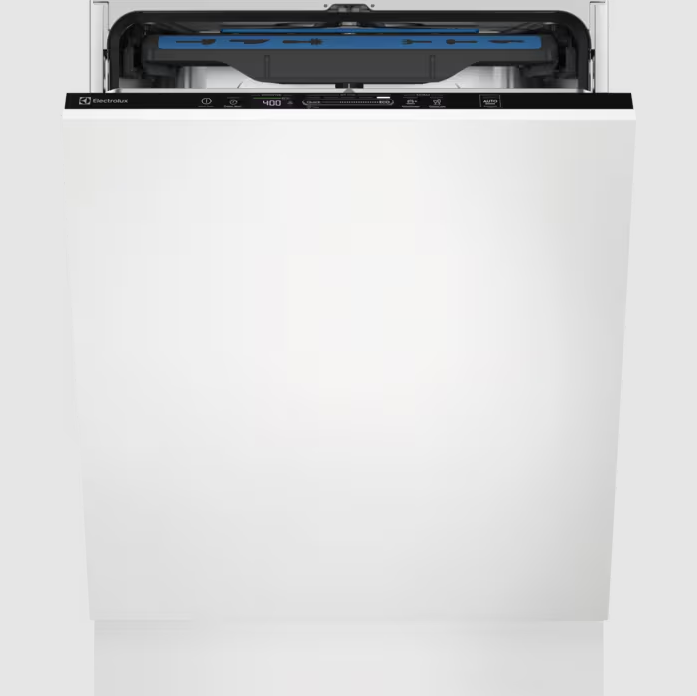 Electrolux EES48410L integrated dishwasher with partially open door showing control panel and upper drawer.