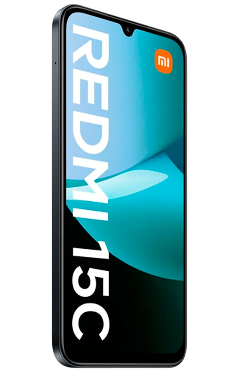 Xiaomi Redmi 15C smartphone in black, front view with screen on showing Redmi 15C text and logo