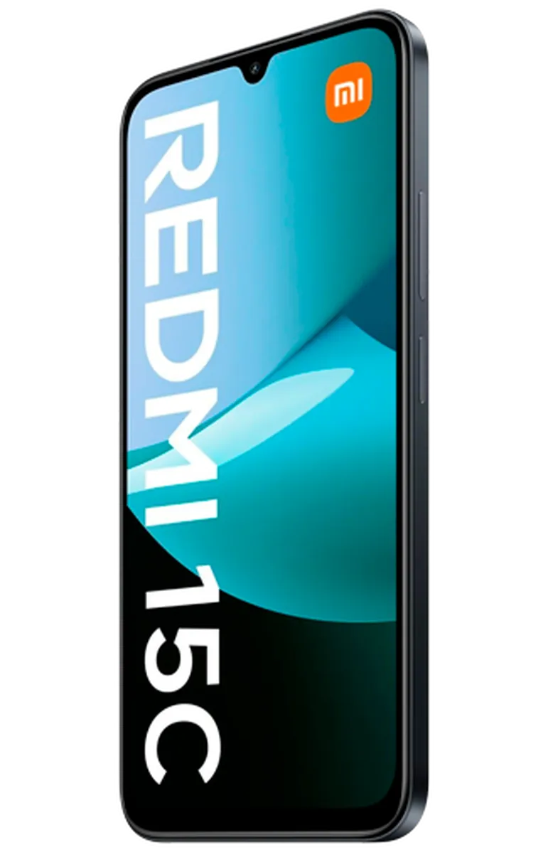 Xiaomi Redmi 15C smartphone in black, angled front view with screen on showing Redmi 15C text.