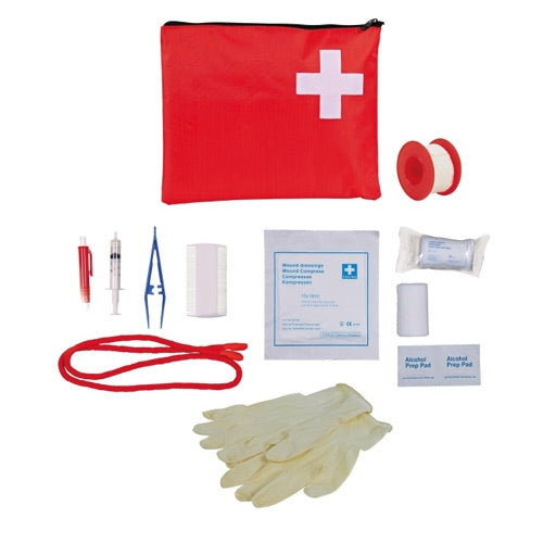 First Aid Kit for Cats and Dogs with sterile bandages, muzzle loop, tweezers, flea comb, and booklet by Keans Claremorris.