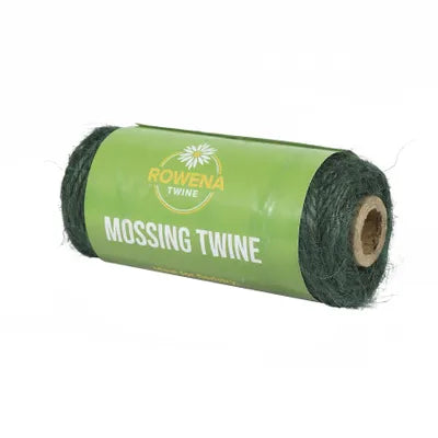 Green mossing twine spool wrapped with a green label reading "Mossing Twine" and "Rowena Twine