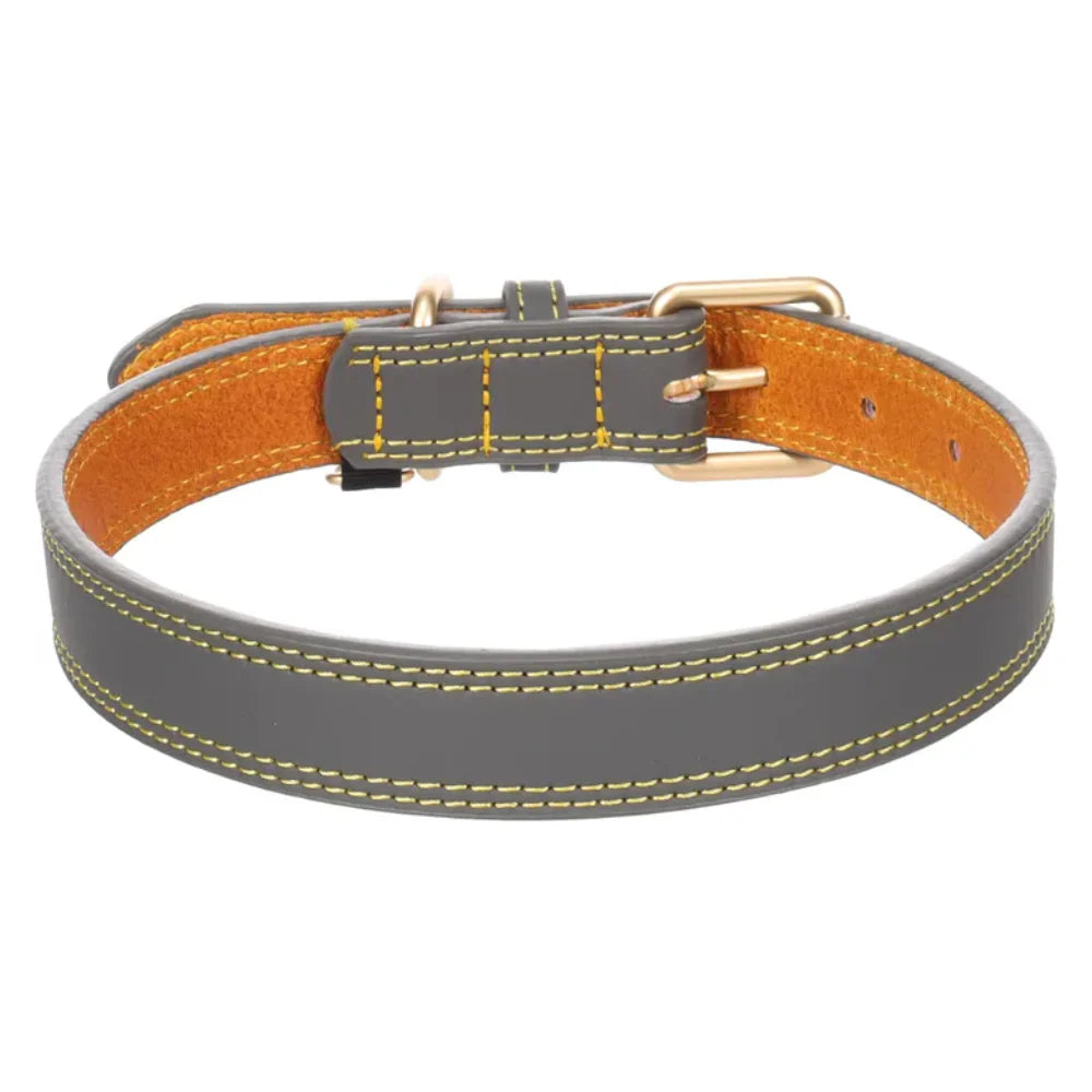 Grey Flamingo Dog Collar Virginia with yellow stitching and gold buckle, shown from the back inside view.