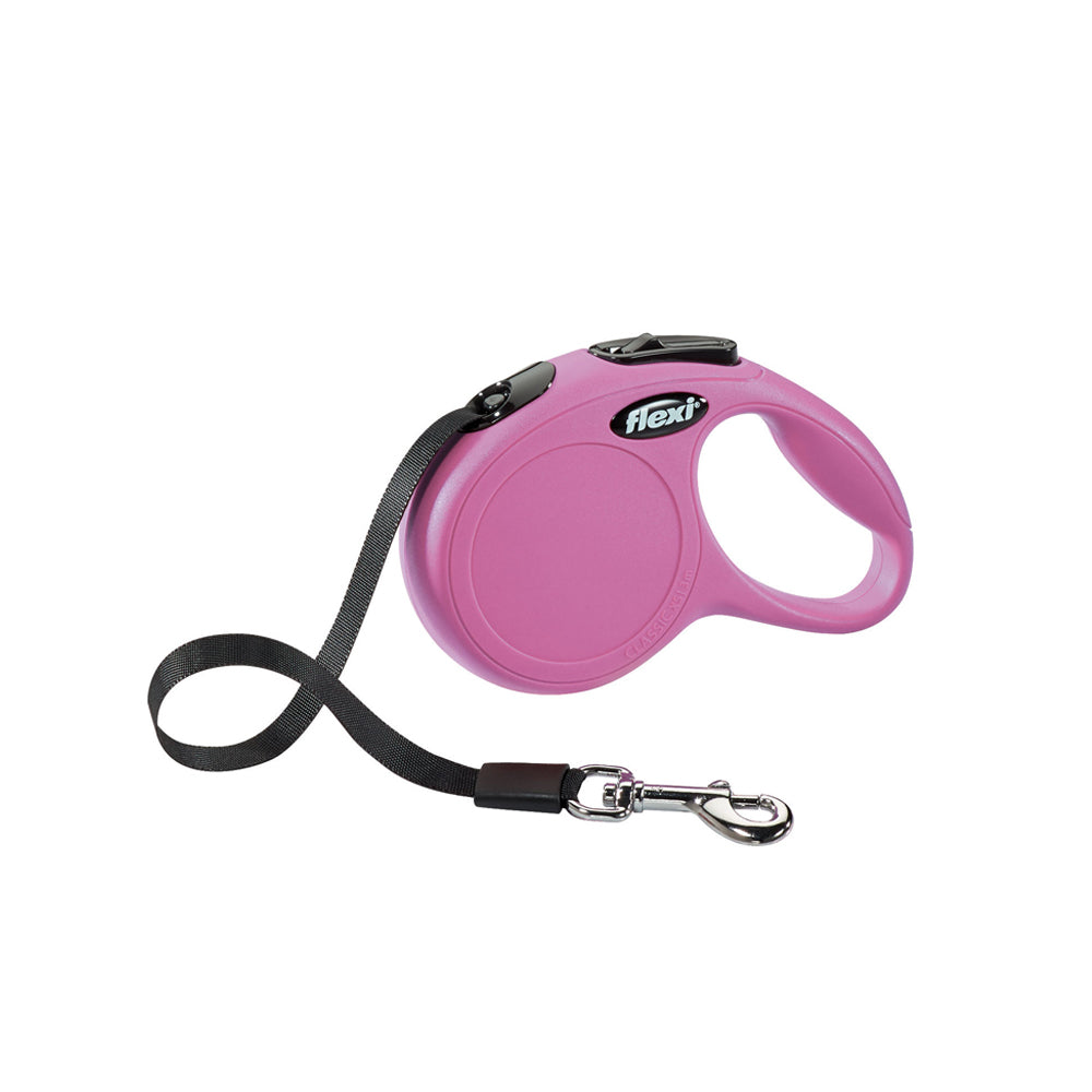 Flexi Classic Tape XS 3m pink retractable leash for small dogs and cats up to 12kg, lightweight with chromed snap hook –