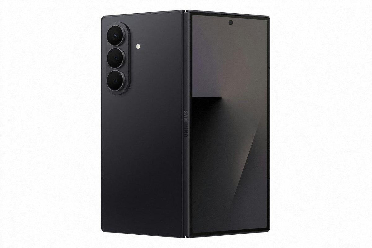 Samsung Galaxy Z Fold7 in Jet Black partially unfolded showing main screen and triple rear cameras.