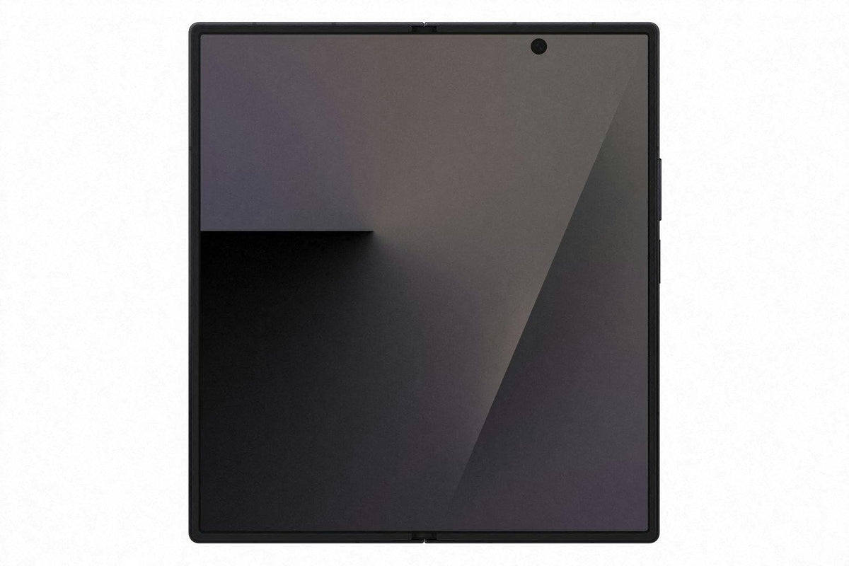 Samsung Galaxy Z Fold 7 unfolded, front view showing large black screen with centered front camera hole.