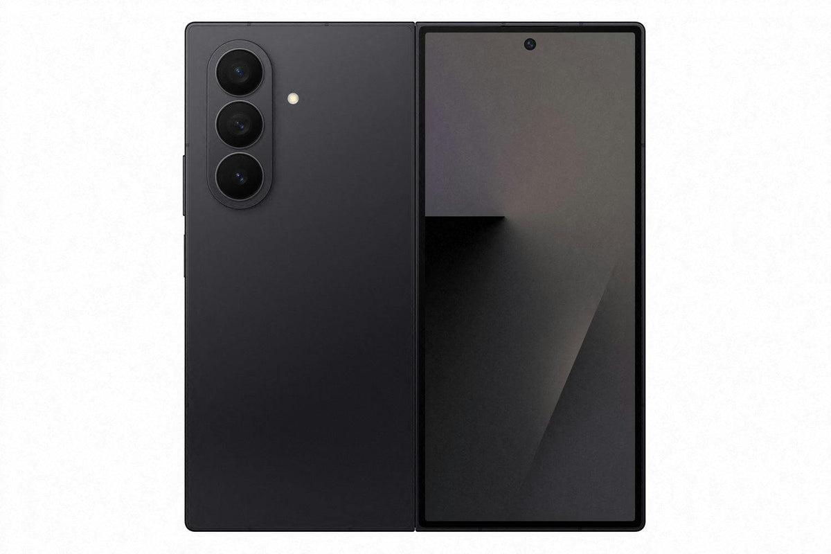 Samsung Galaxy Z Fold 7 in black, unfolded showing front screen and triple rear cameras with flash.
