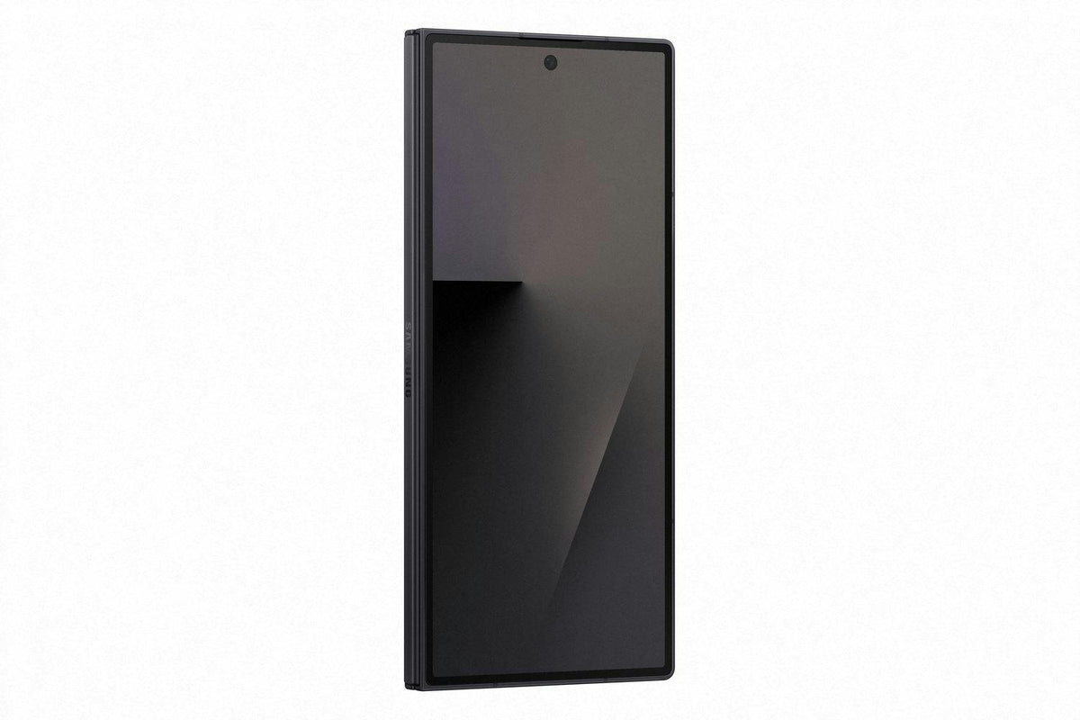 Samsung Galaxy Z Fold 7 in black, unfolded showing the front display with a centered punch-hole camera.