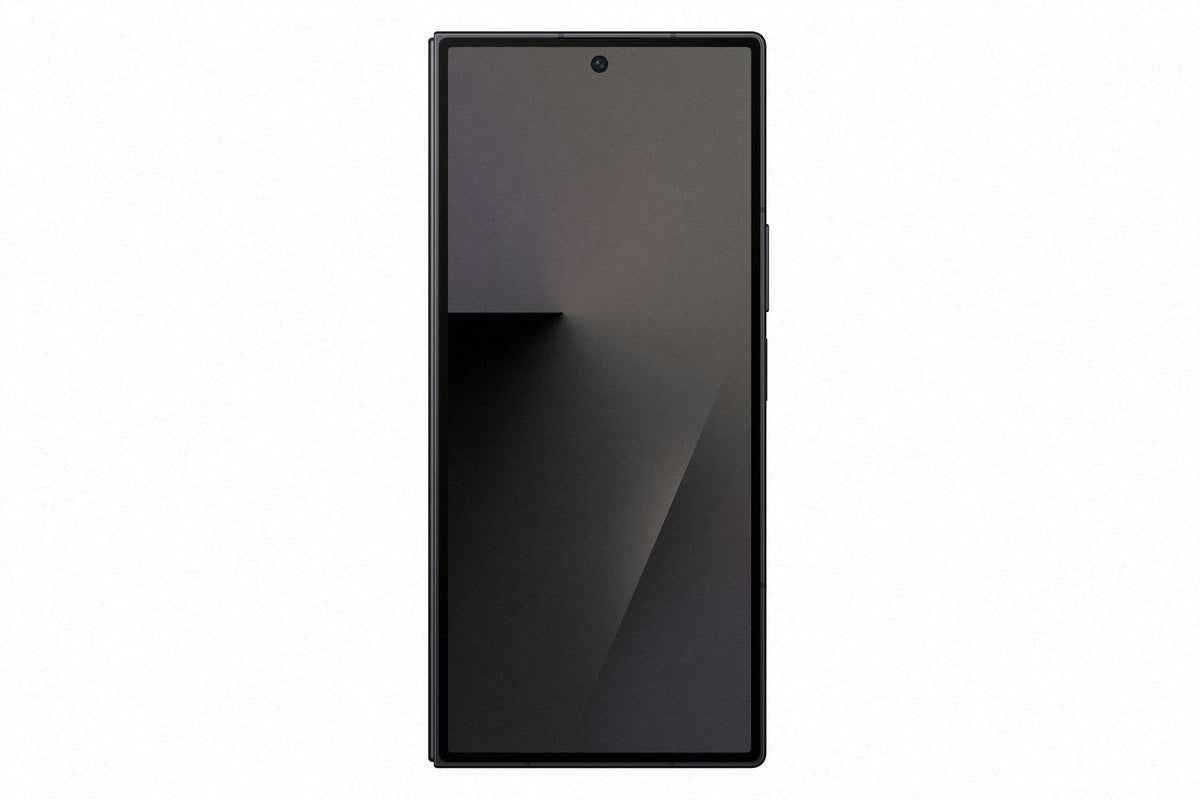 Samsung Galaxy Z Fold 7 in black, unfolded showing the full inner display with centered front camera hole.