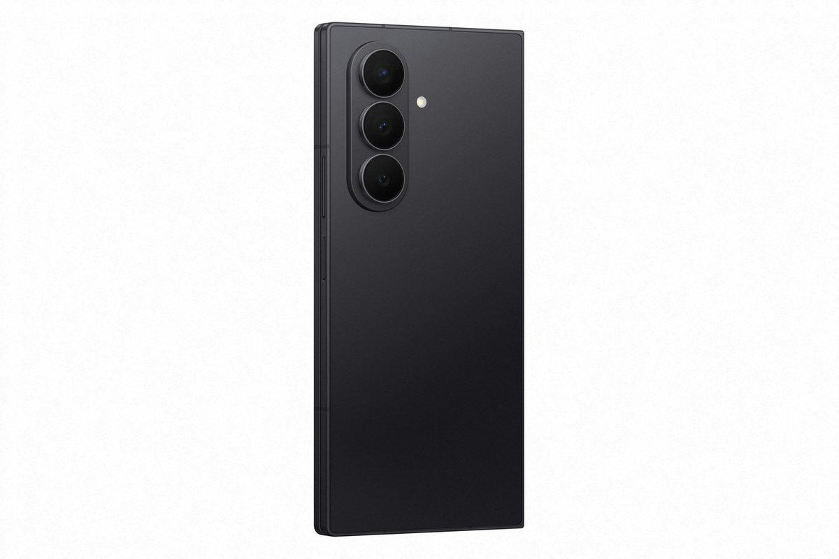 Samsung Galaxy Z Fold 7 in black, back view showing triple camera setup and side buttons.