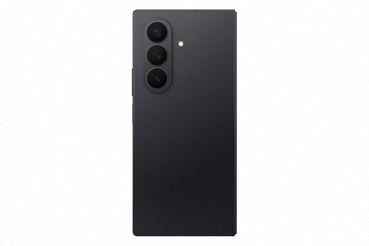 Samsung Galaxy Z Fold 7 in black showing the back with triple camera lenses and flash.