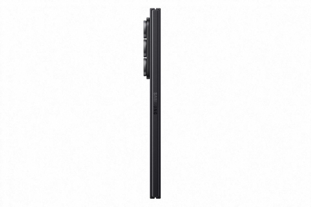 Samsung Galaxy Z Fold 7 in black, side view showing slim profile and triple camera bump.