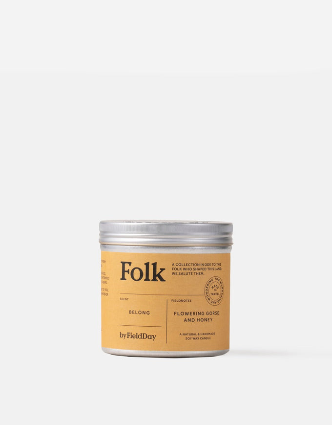 Belong Folk Tin Candle 235G with earthy gorse and honey scent, 40-hour burn, recyclable tin, from Keans Claremorris.