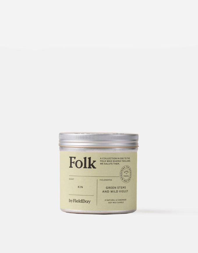 Kin Folk Tin Candle 235G with green stems and wild violet scent, 40-hour burn, recyclable tin – Keans Claremorris