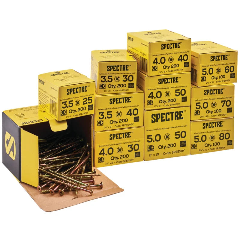 Forgefix Spectre 1800pc wood screw pack, zinc-yellow corrosion-resistant, PoziDriv heads, durable, at Keans Claremorris.