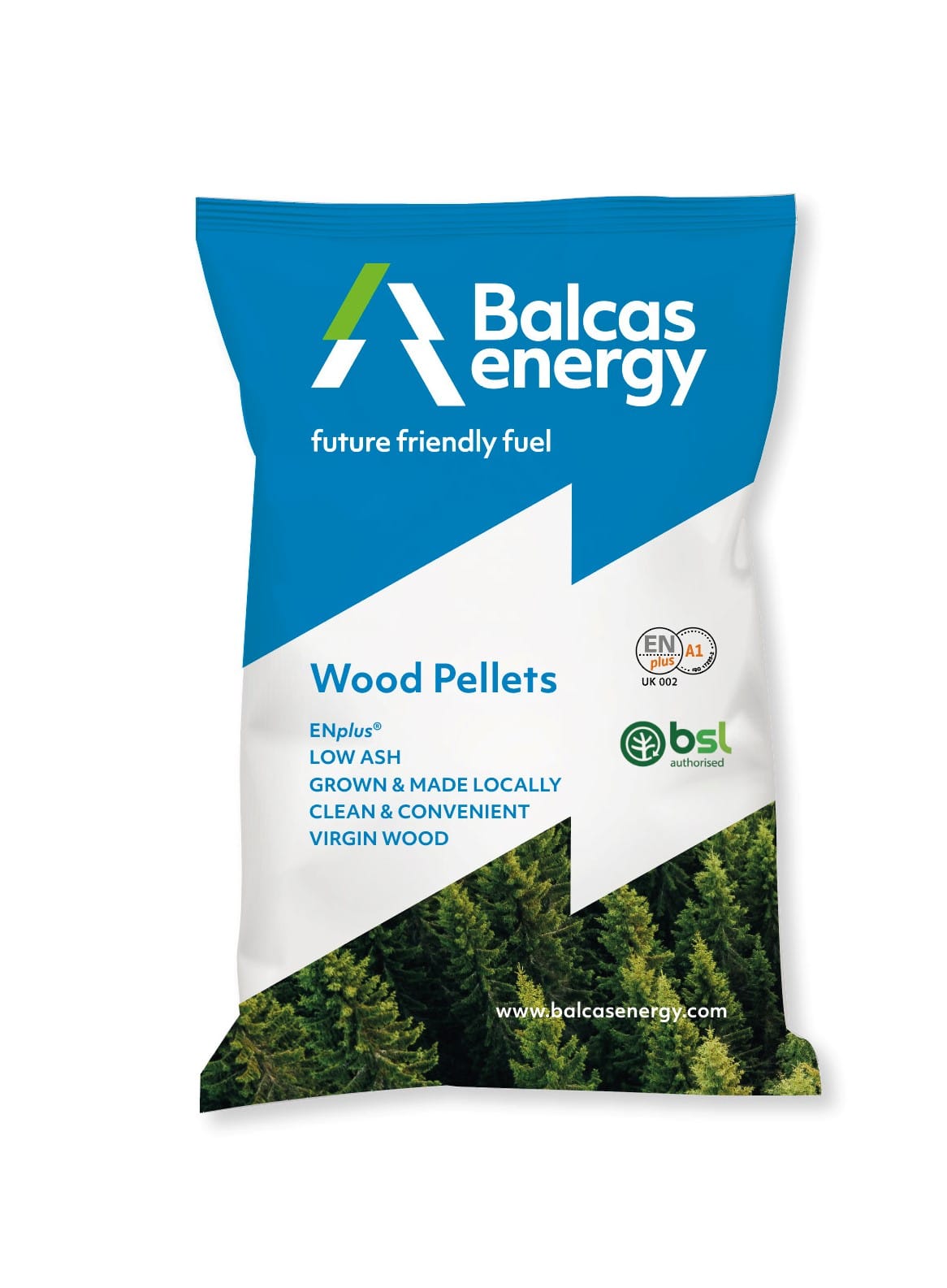Balcas Bagged Wood Pellets 10kg, ENplus A1 certified, eco-friendly biomass fuel for pellet stoves, available at Keans