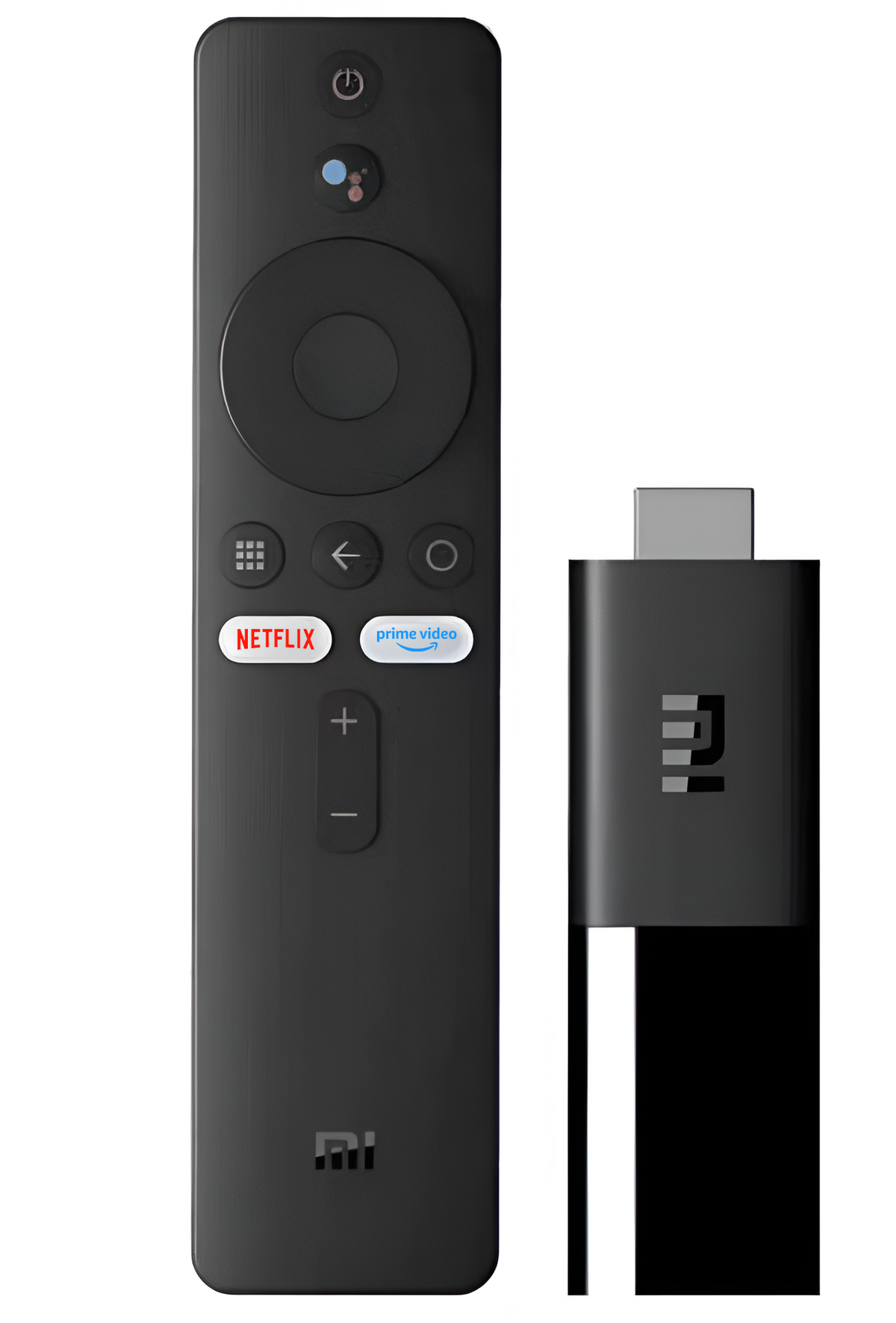 Xiaomi TV Stick 4K with black voice remote featuring Netflix and Prime Video buttons, and HDMI stick side view.