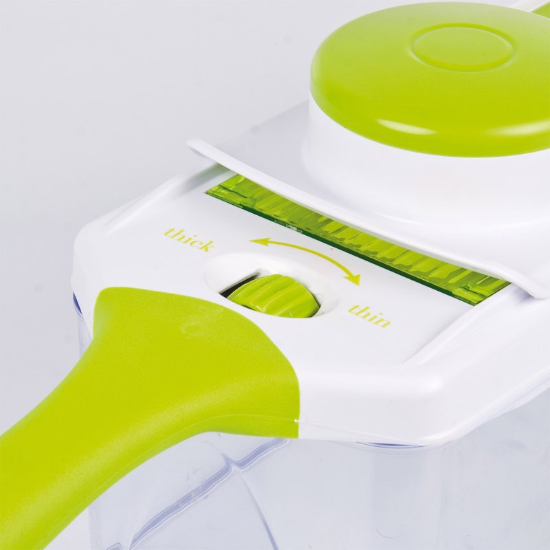 Close-up of Clean Eating Multi Mandoline showing green handle and thickness adjustment dial from thin to thick slices.