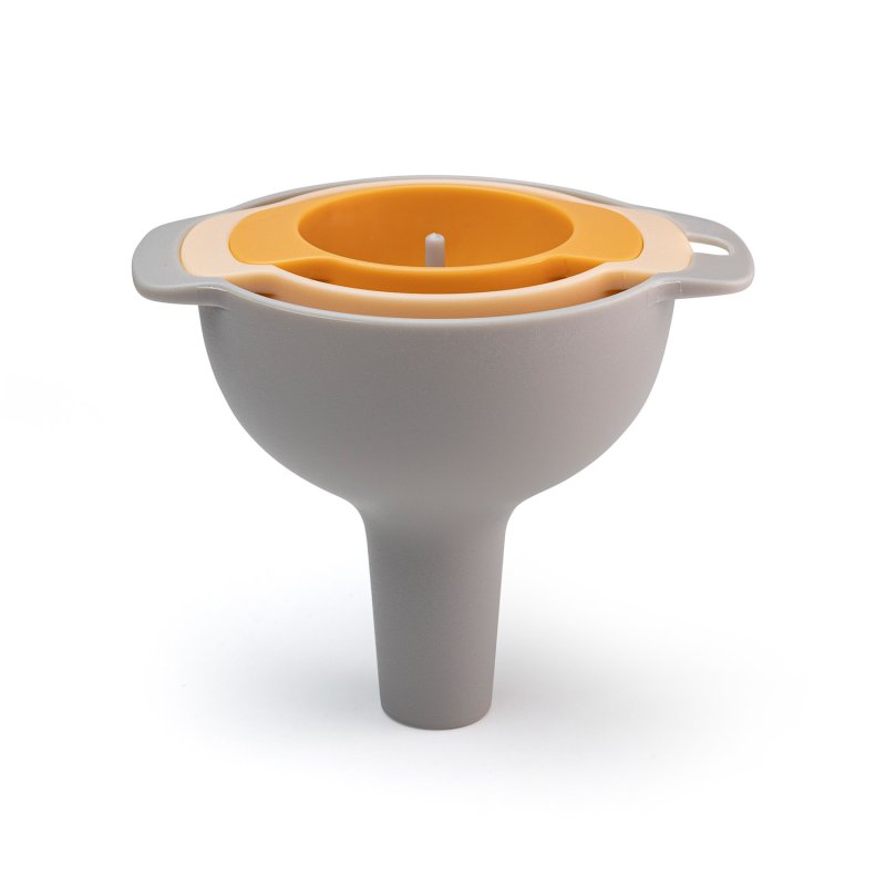 3 Piece Nesting Funnel Set with gray and orange funnels stacked inside each other on white background