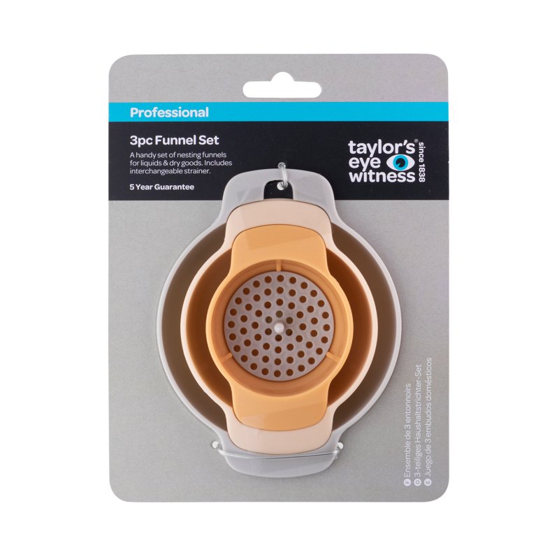 3 piece nesting funnel set with interchangeable strainer in beige and orange, packaged on a card.