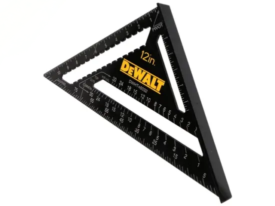 DeWalt 12 inch black metal square with yellow logo and measurement markings on edges