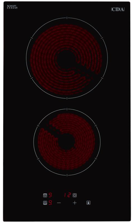 CDA Domino Two Zone Ceramic Hob with two glowing red heating zones and touch controls on black glass surface
