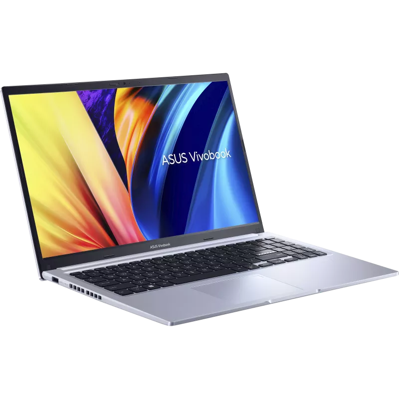 ASUS Vivobook 15.6" FHD laptop in silver, angled view showing keyboard and colorful screen background