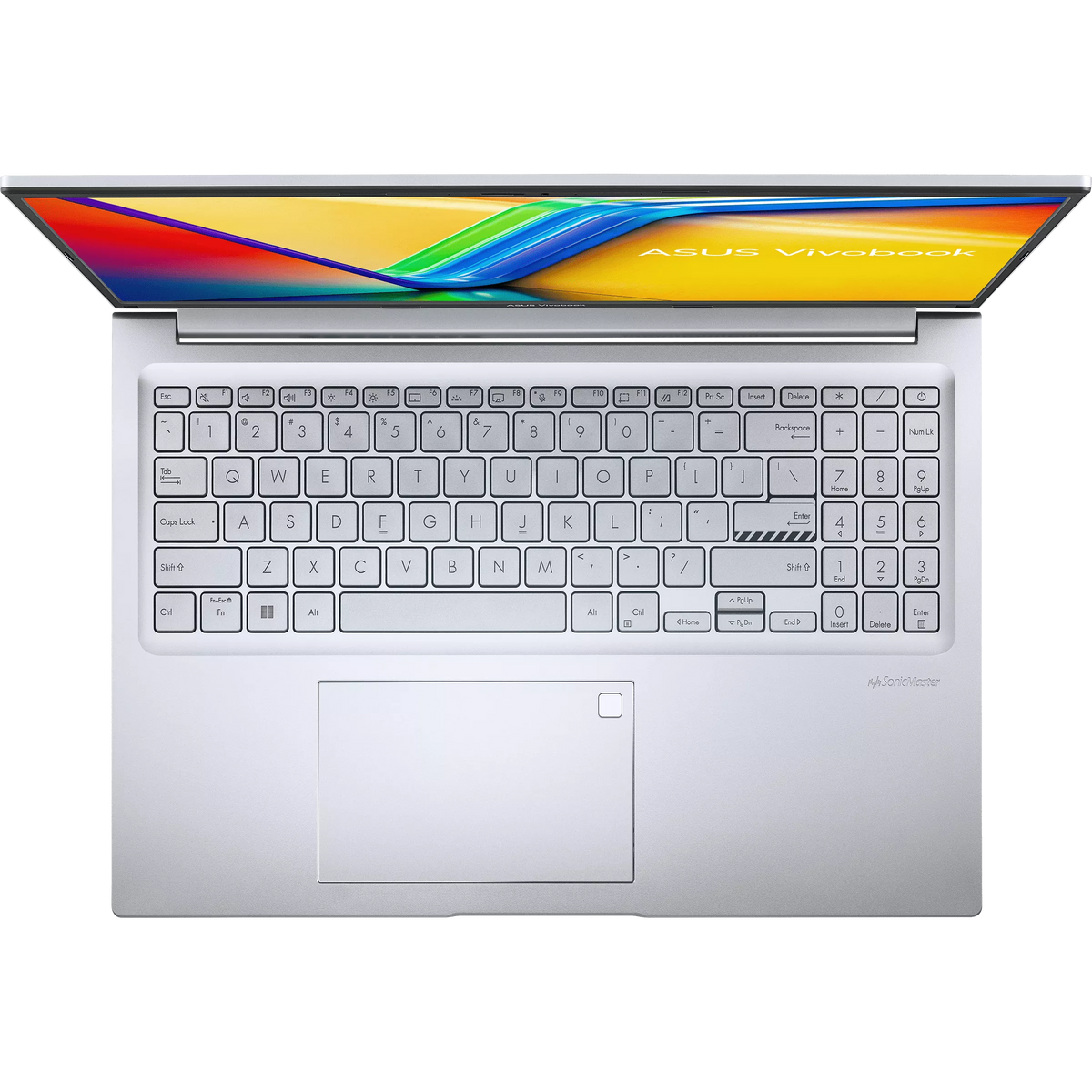 Asus Vivobook laptop keyboard and screen partially open showing colorful display and silver chassis