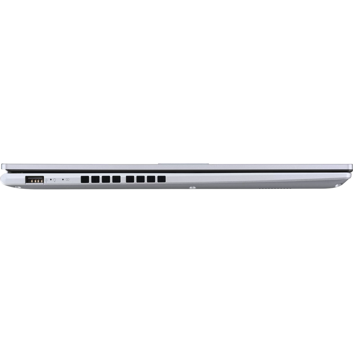 Closed silver Asus 16-inch Ryzen 5 laptop showing left side ports and ventilation slots.
