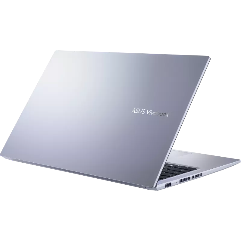 Silver ASUS Vivobook 15.6" laptop partially open, showing rear lid and right side ports.