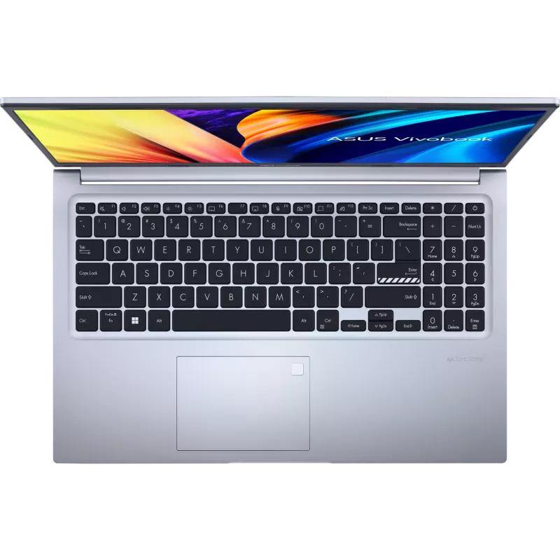 ASUS 15.6" FHD silver laptop open top view showing keyboard, touchpad, and screen with colorful wallpaper