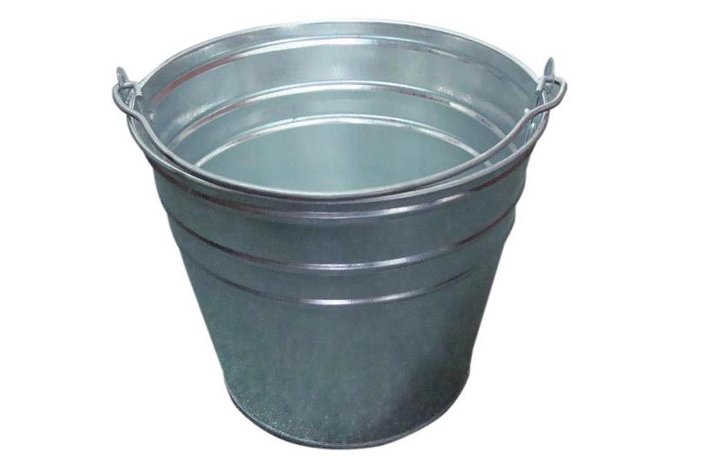 12-liter heavy galvanised steel bucket with sturdy handle, shown empty on white background.