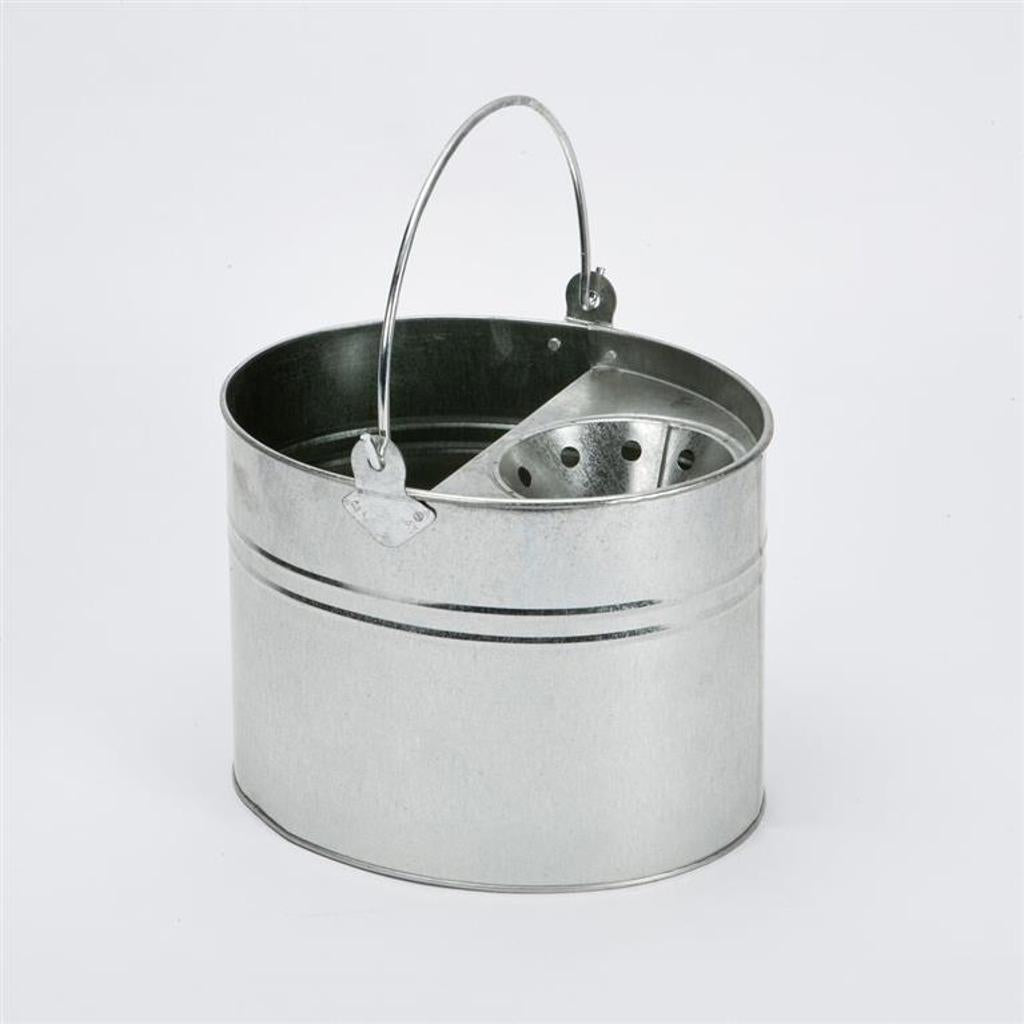 Galvanised steel mop bucket with a built-in wringer and a curved handle on a white background.