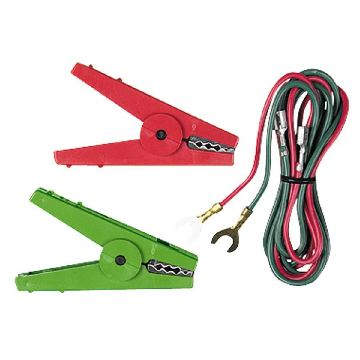 Red and green croc clip output leads with attached red and green cables and metal connectors