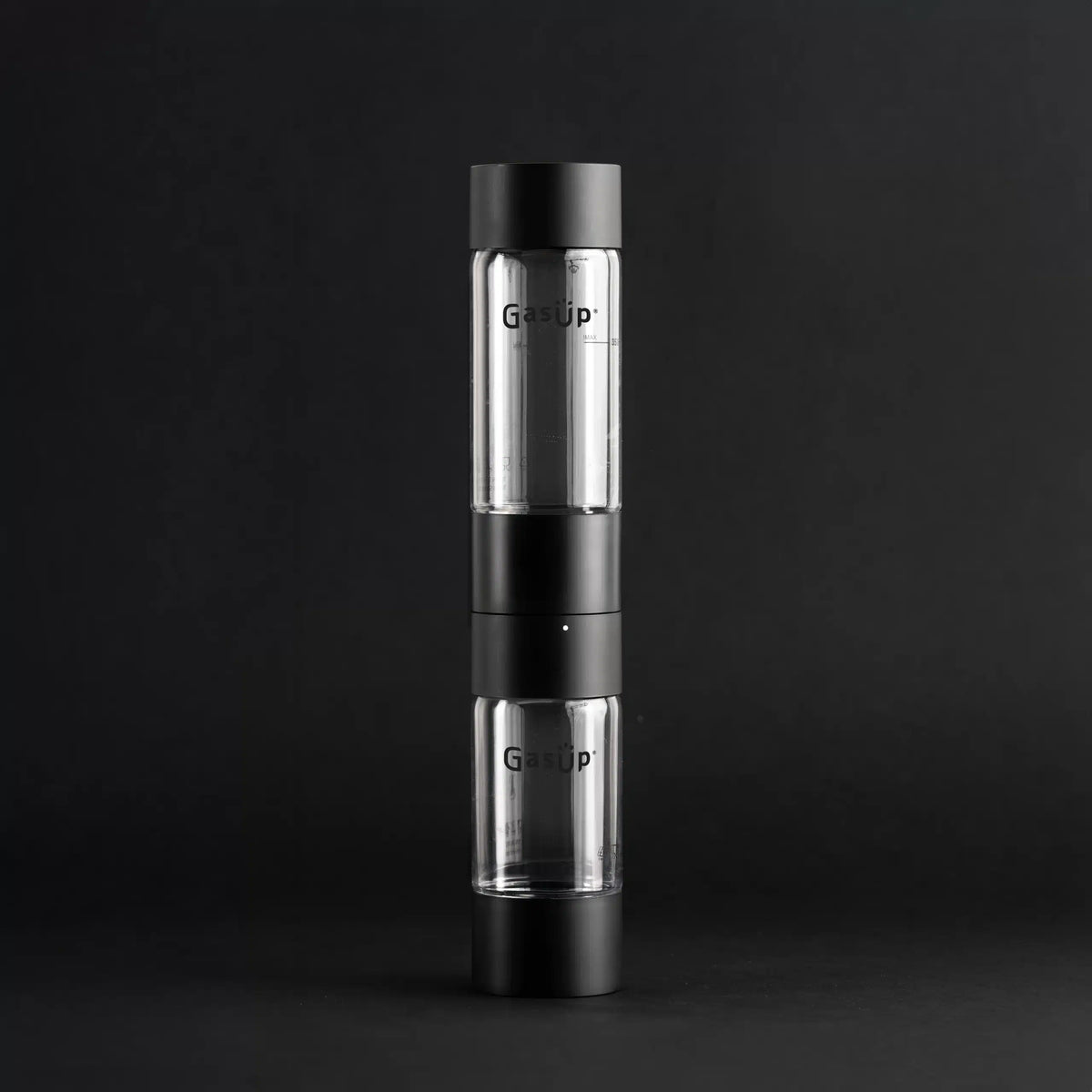 GasUp 2 Bottles in black, showing clear glass bottles with black caps connected by a black central unit