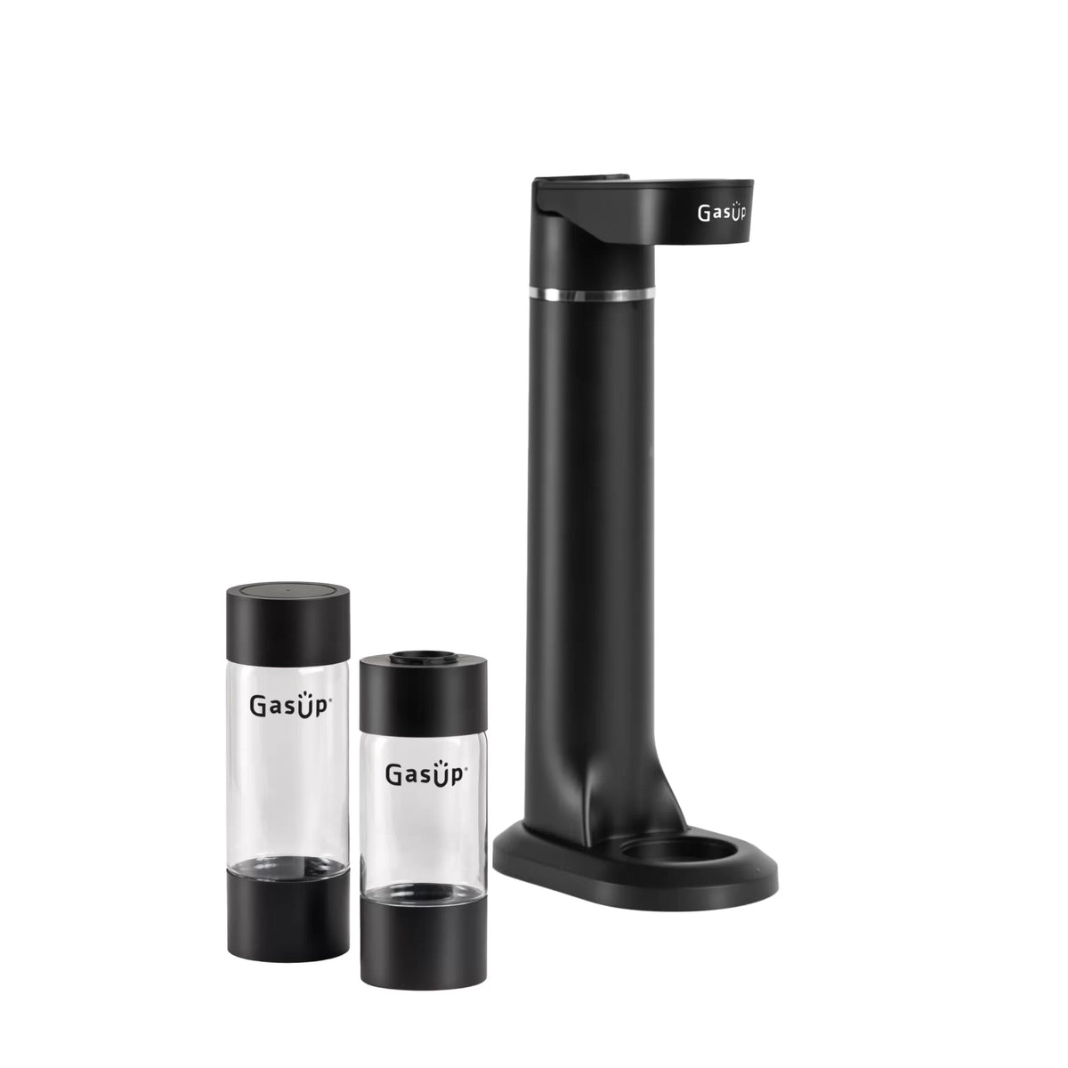 GasUp black soda maker with two clear bottles, one 500ml and one 300ml, on a white background.