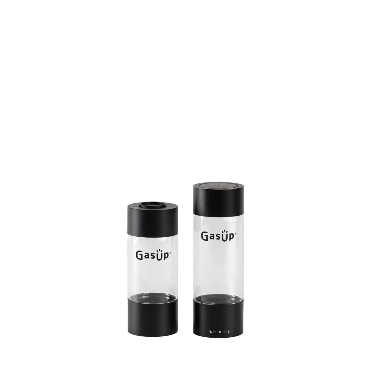 Two transparent GasUp bottles with black lids and bases, one larger (500ml) and one smaller (300ml) side by side.
