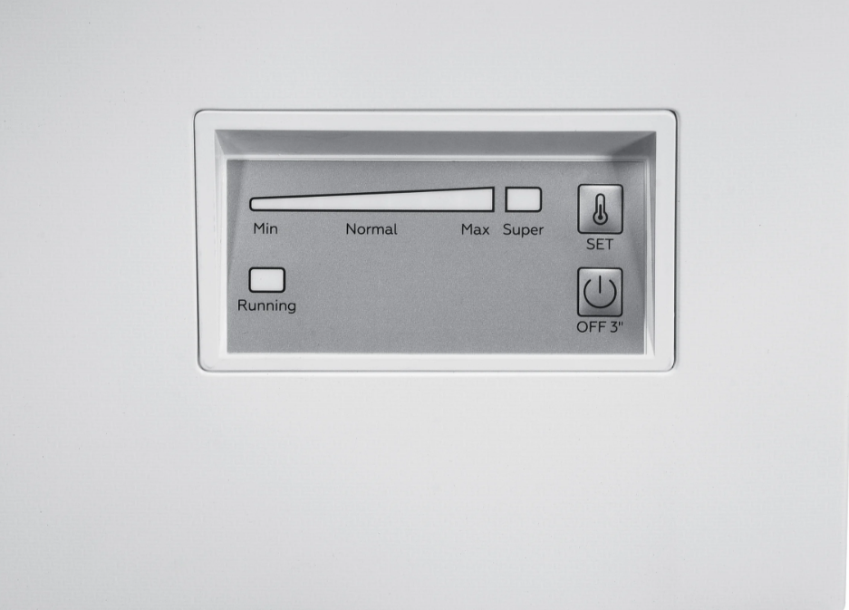 Control panel of Beko 308 Litre Chest Freezer showing temperature settings and power buttons.
