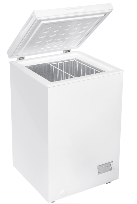 White Beko chest freezer with open lid showing interior basket and control panel on front lower right.