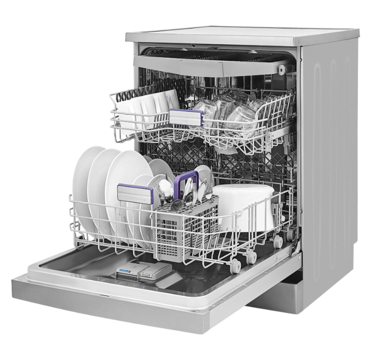 Beko 16 Place Stainless Steel Dishwasher with open door, loaded with dishes and utensils