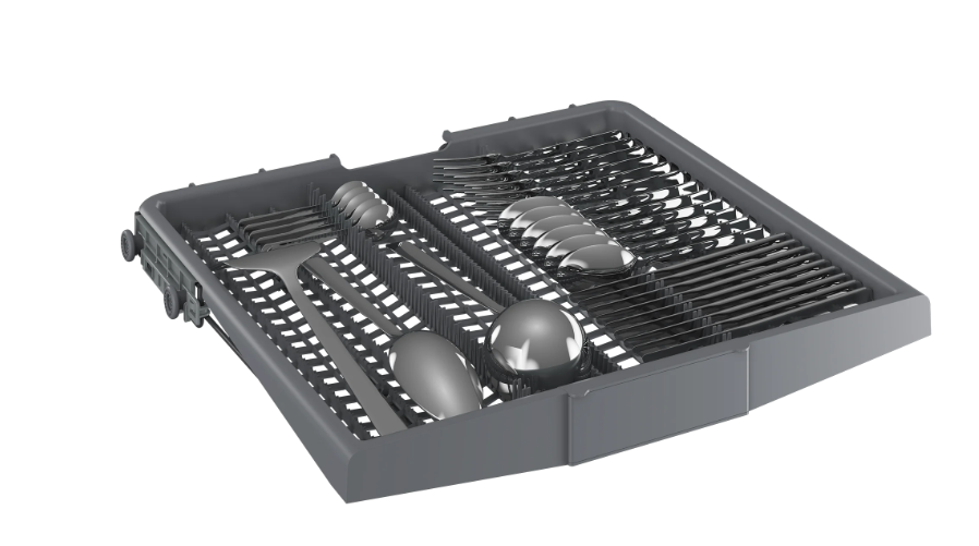 Top rack of Beko 16 Place Dishwasher with arranged cutlery including forks, spoons, and knives in stainless steel finish.