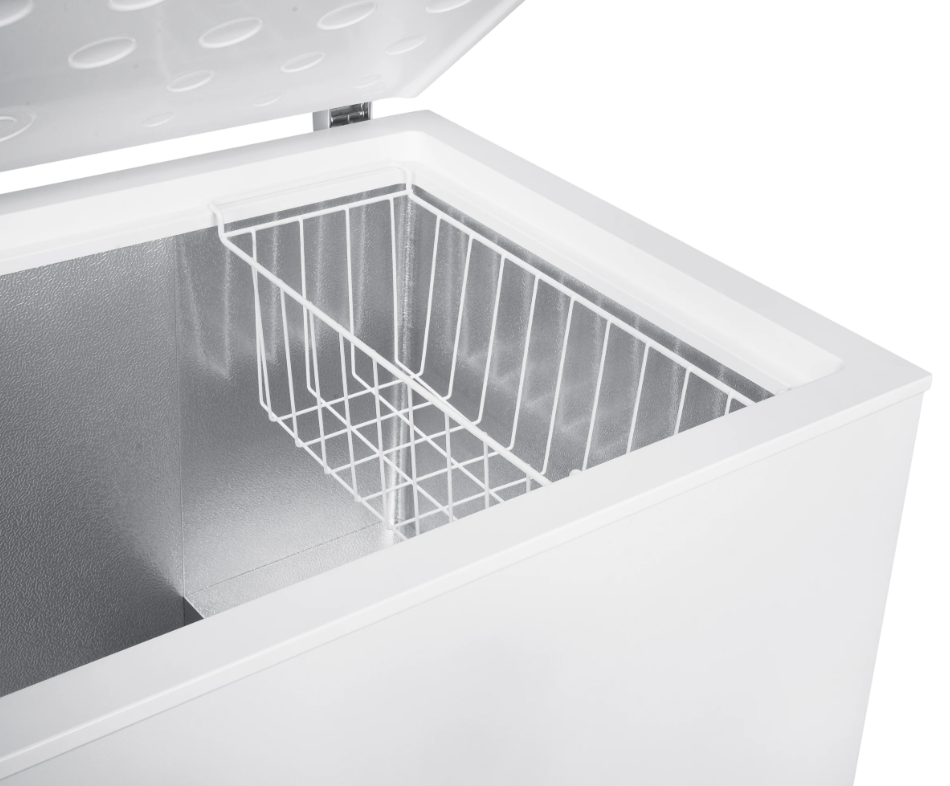 Open white Beko 308 Litre chest freezer showing empty interior and removable wire basket.