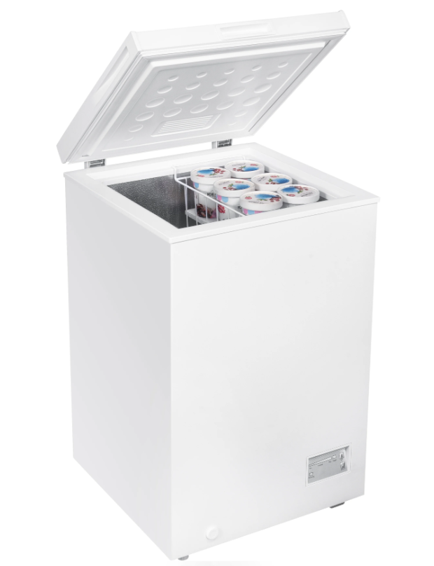 Beko white chest freezer with lid open, showing six ice cream tubs inside a wire basket