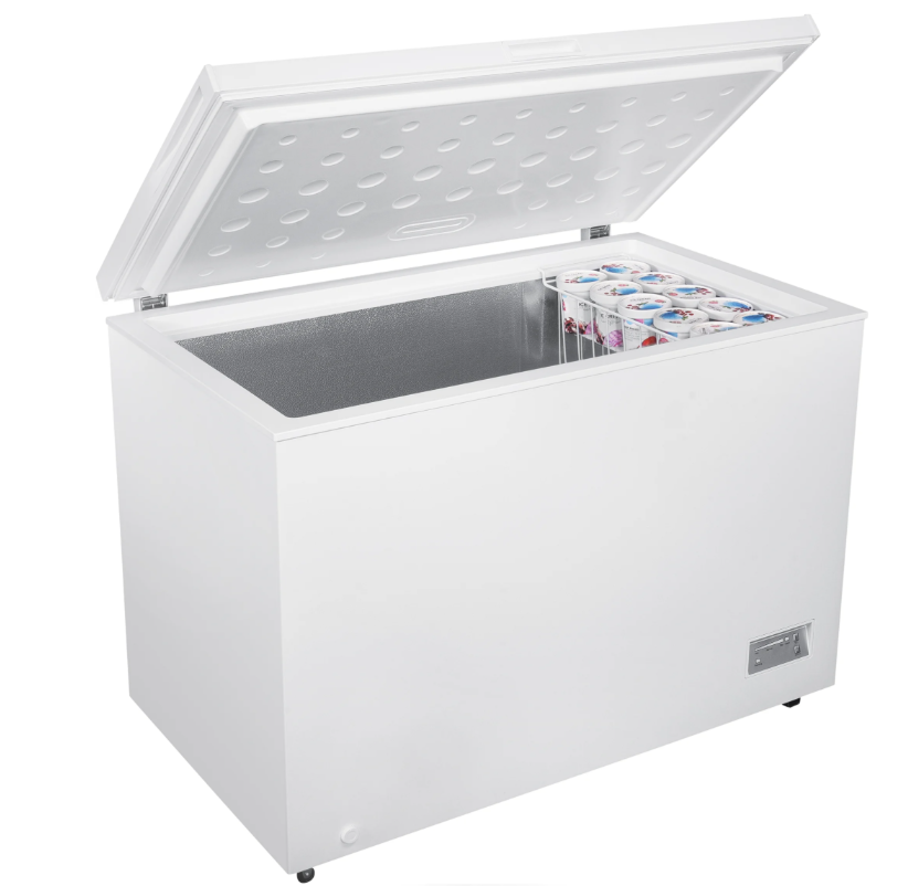 White Beko 308 Litre chest freezer with lid open, showing interior and a basket of ice cream tubs.
